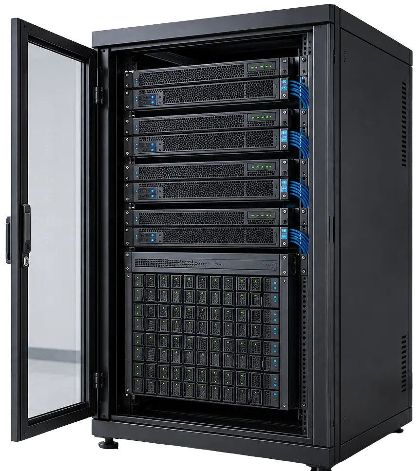 Server cabinet displaying secure Assurance & Backup data storage systems.