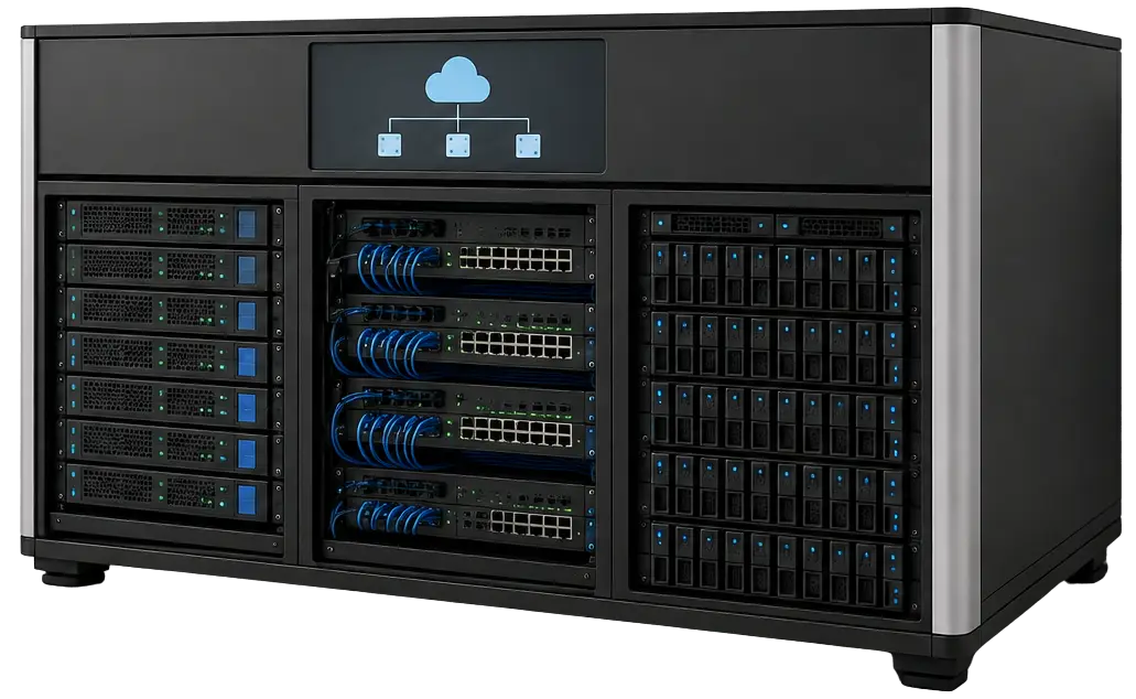 Modern business cloud server with integrated storage and network infrastructure.