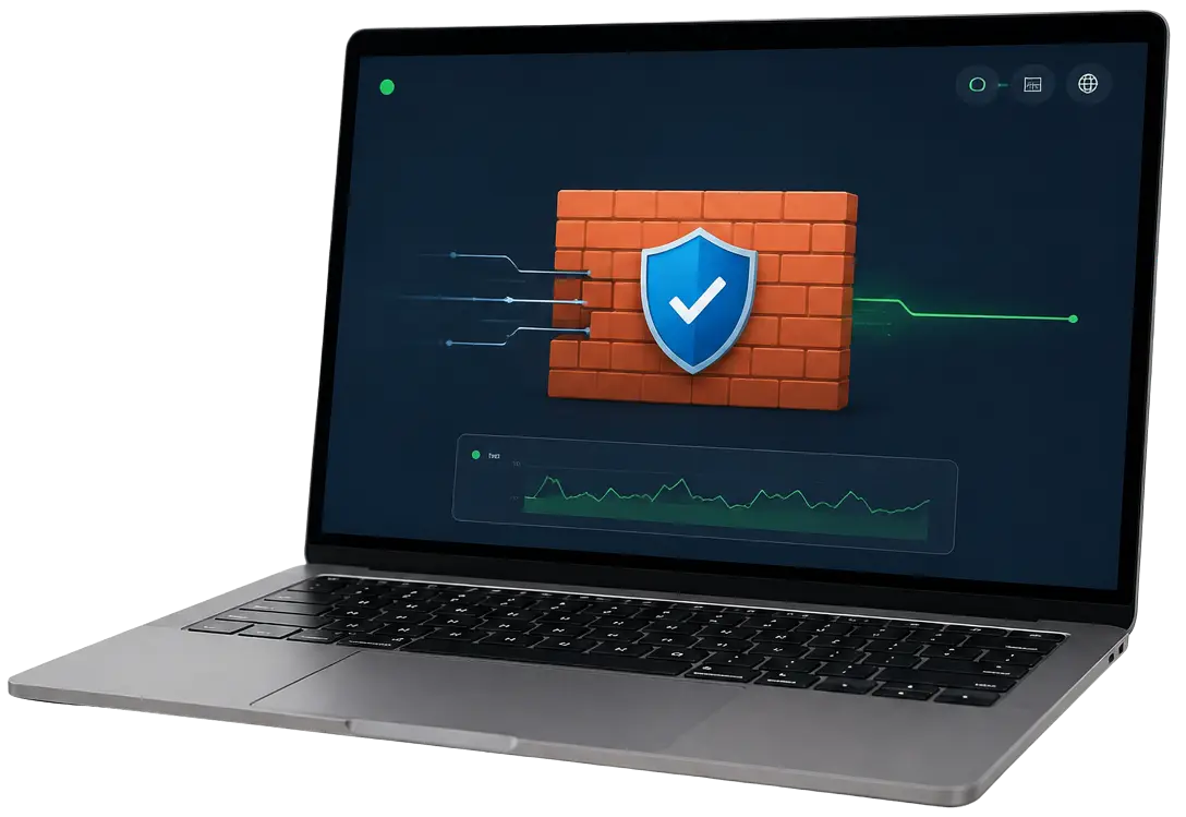Laptop displaying a secure business firewall protecting network traffic.