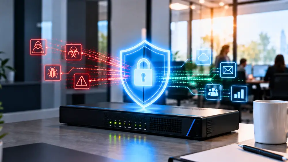 Business firewall protecting a company network from cyber threats